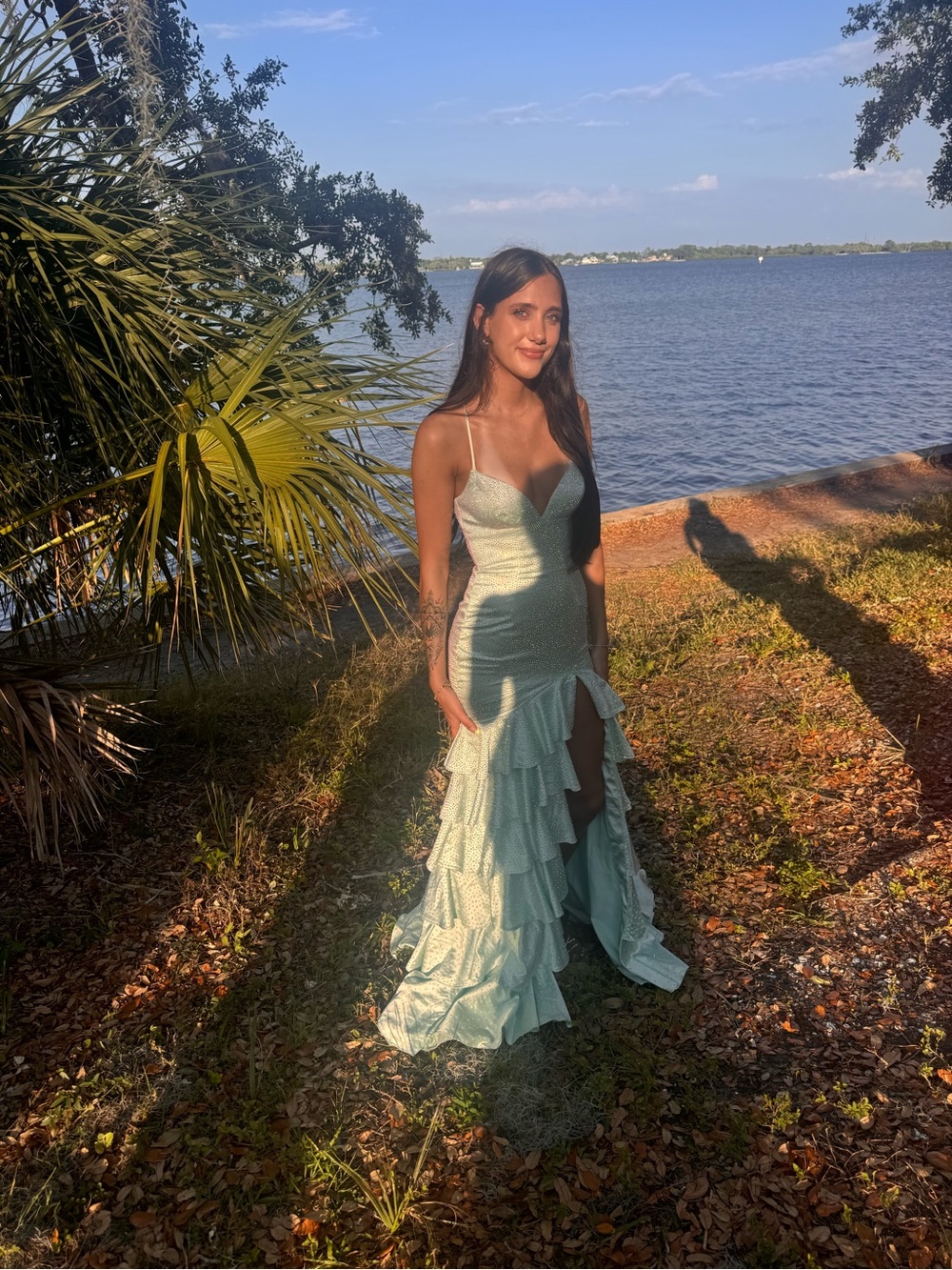 Sherri Hill Mint Green Backless Ruffled Prom Gown - Picture 2 of 6